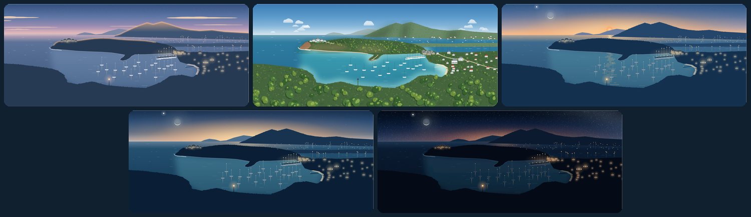 The same view over English Harbour and Falmouth Harbour drawn five times: at dawn under pink clouds, by day in green and turquoise with houses and yachts, at sunset with the Sun above the far hills, at dusk under a crescent Moon, and at night with lit windows under a starry sky.