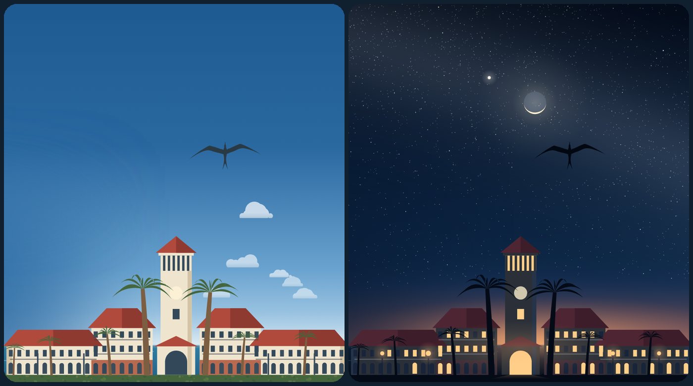 The American University of Antigua campus from the home page, by day with cream walls, red roofs and palms under a blue sky with small clouds, and at night as a silhouette with lit windows under stars, Venus and a crescent Moon.