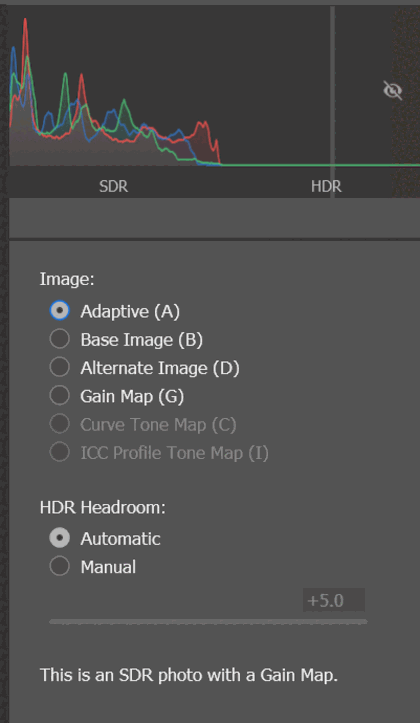 An inspector panel showing a histogram split into standard dynamic range (SDR) and high dynamic range (HDR) regions, a list of image components including base image and gain map, and the line: This is an SDR photo with a Gain Map.